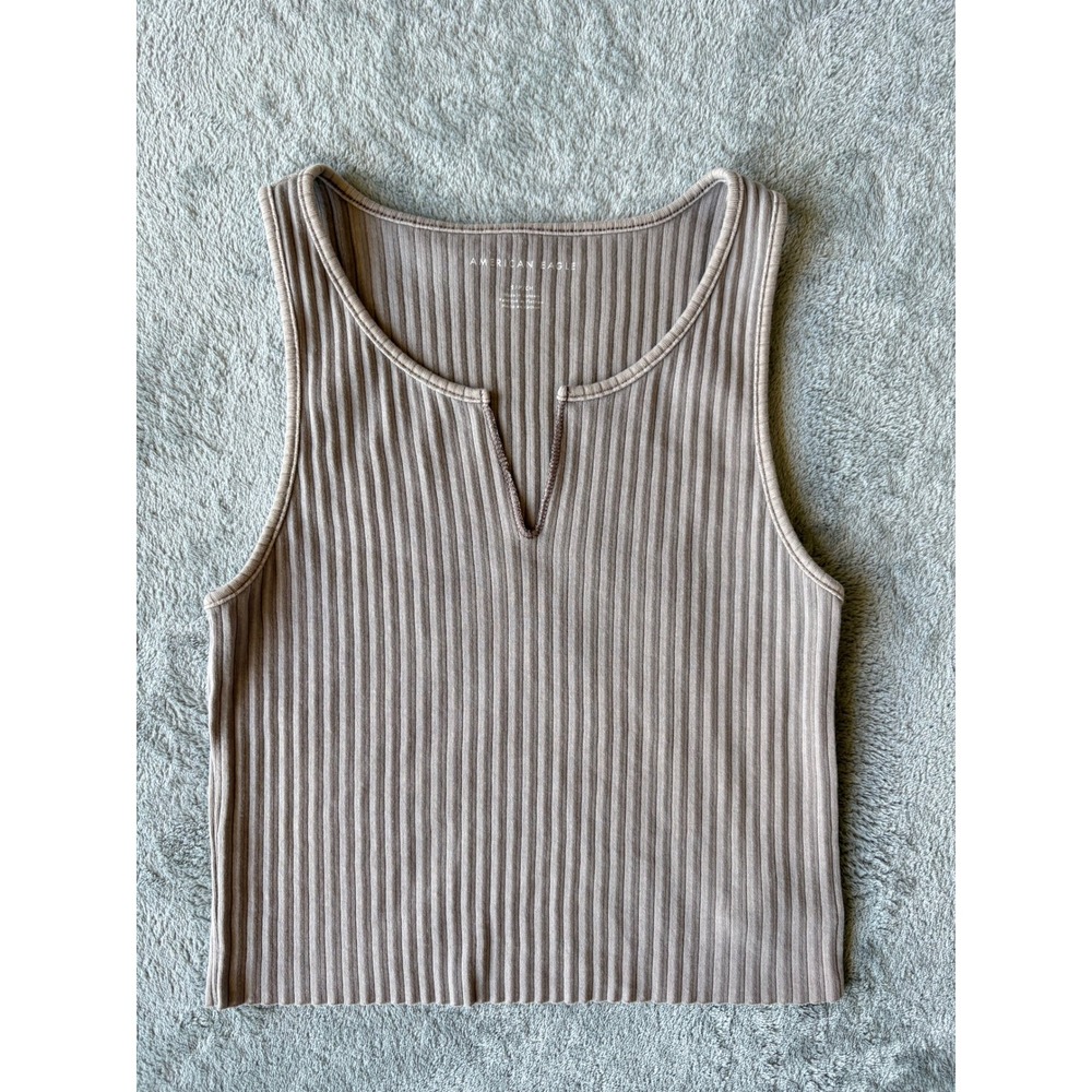 American Eagle Cropped Tank Top Small Brown Ribbed Notch Neck Minimalist Basic - Picture 14 of 14
